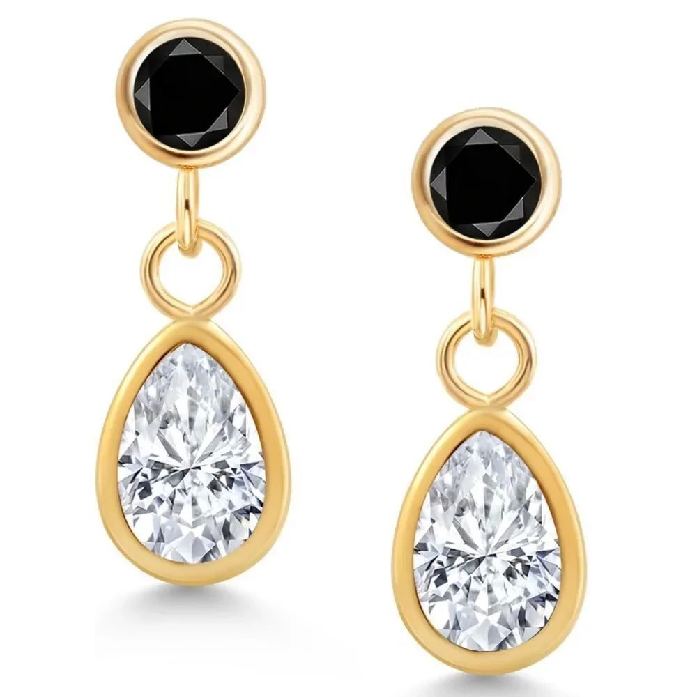14K Yellow Gold with 1.00 Cttw White Moissanite and Black Diamond Post Earrings